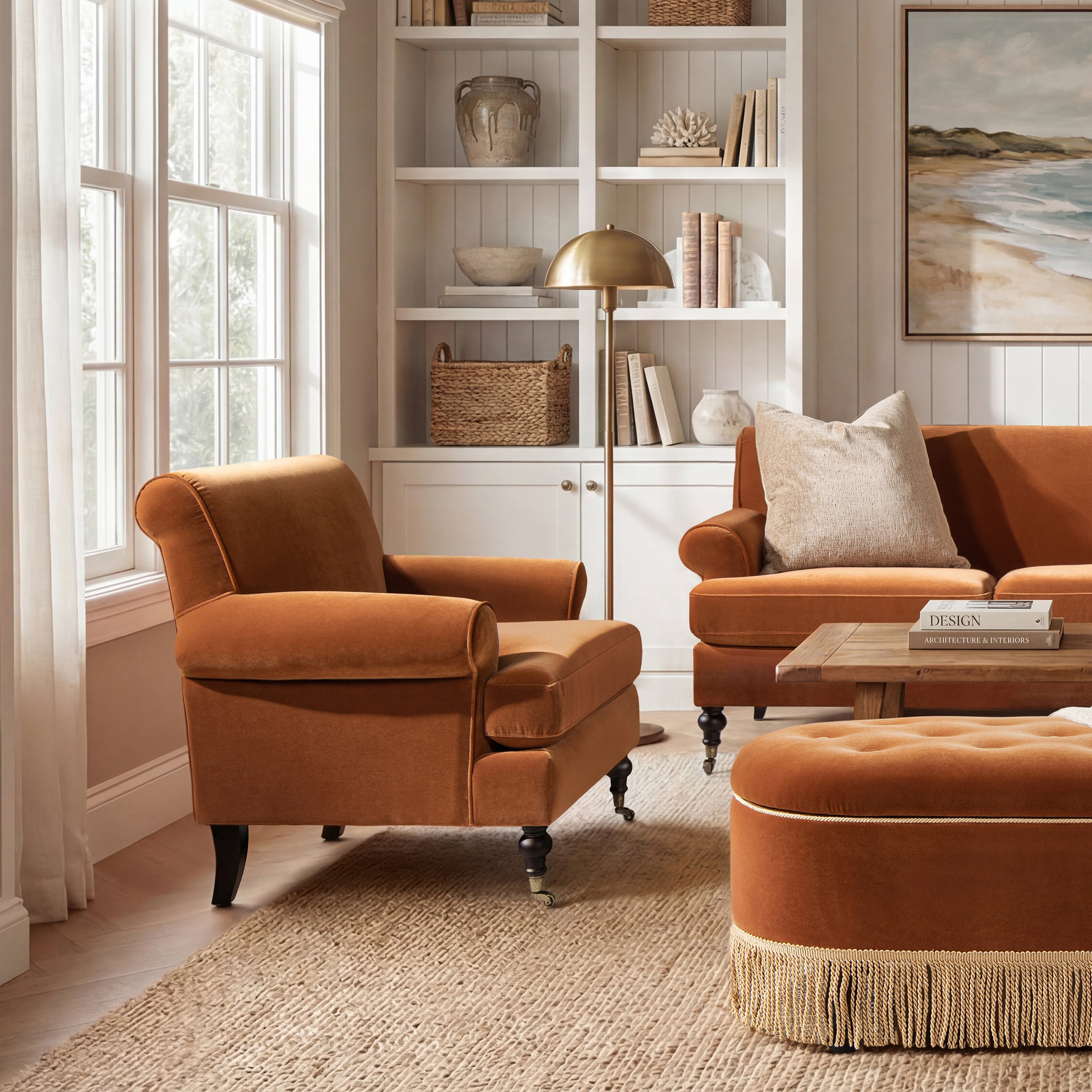 Alana 38" Lawson Accent Arm Chair with Metal Casters, Burnt