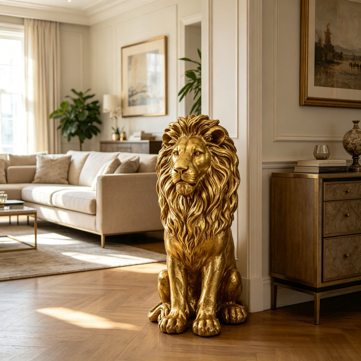 24" Golden Lion Statue - Outdoor Guardian Sculpture