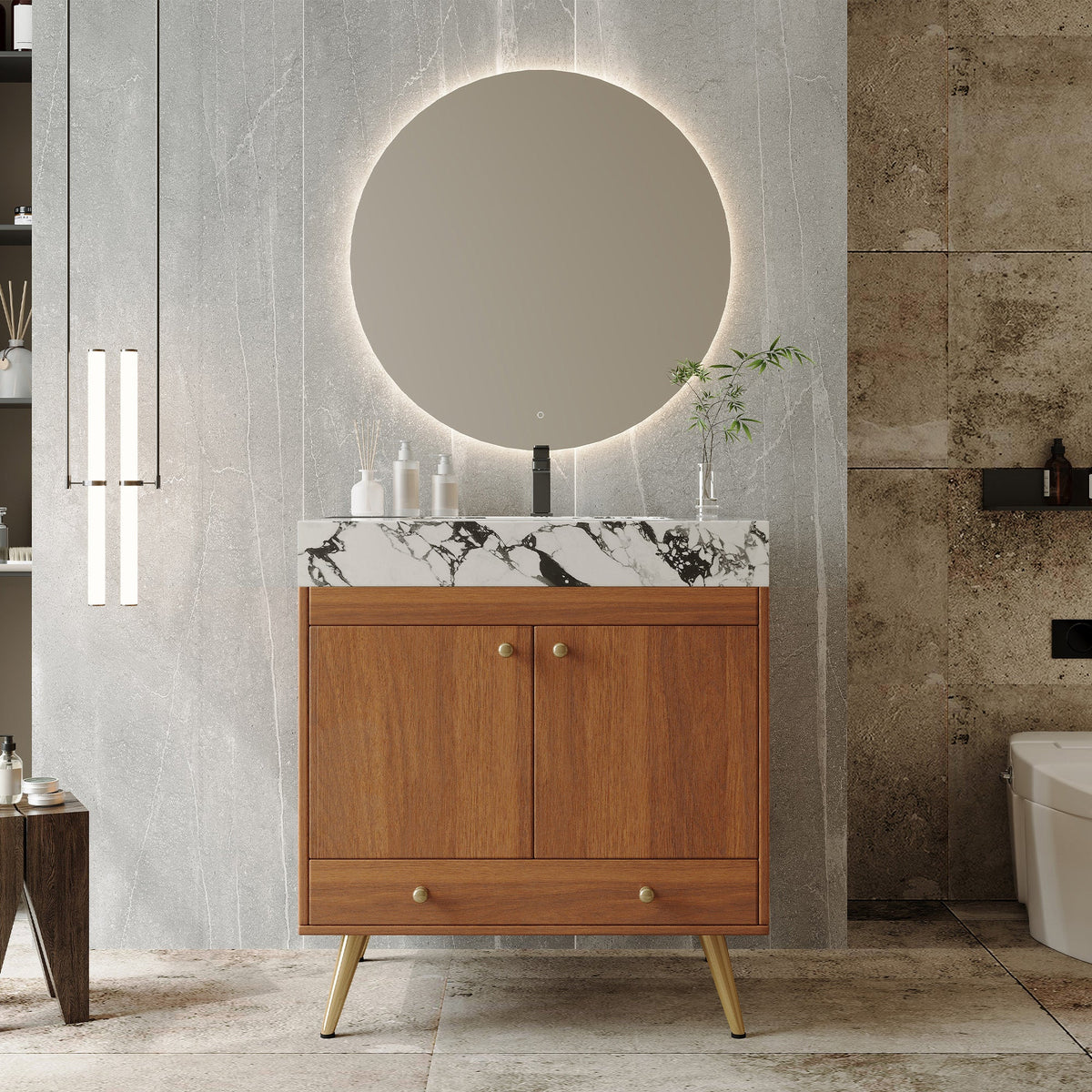 Mid-Century Freestanding Bathroom Vanity with Faux Marble Top