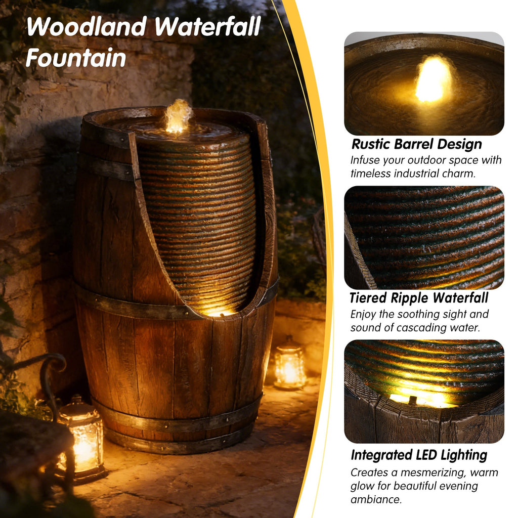 Outdoor Barrel Water Fountain with Lights