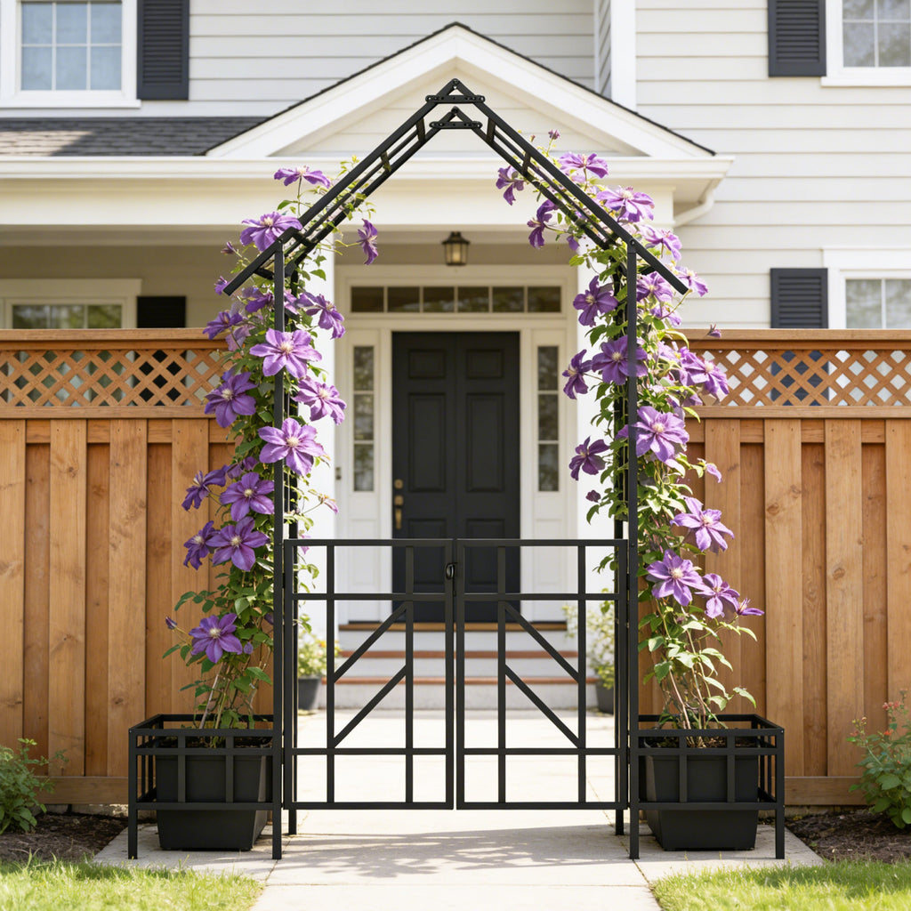 Metal Garden Arch with Gate and Planter