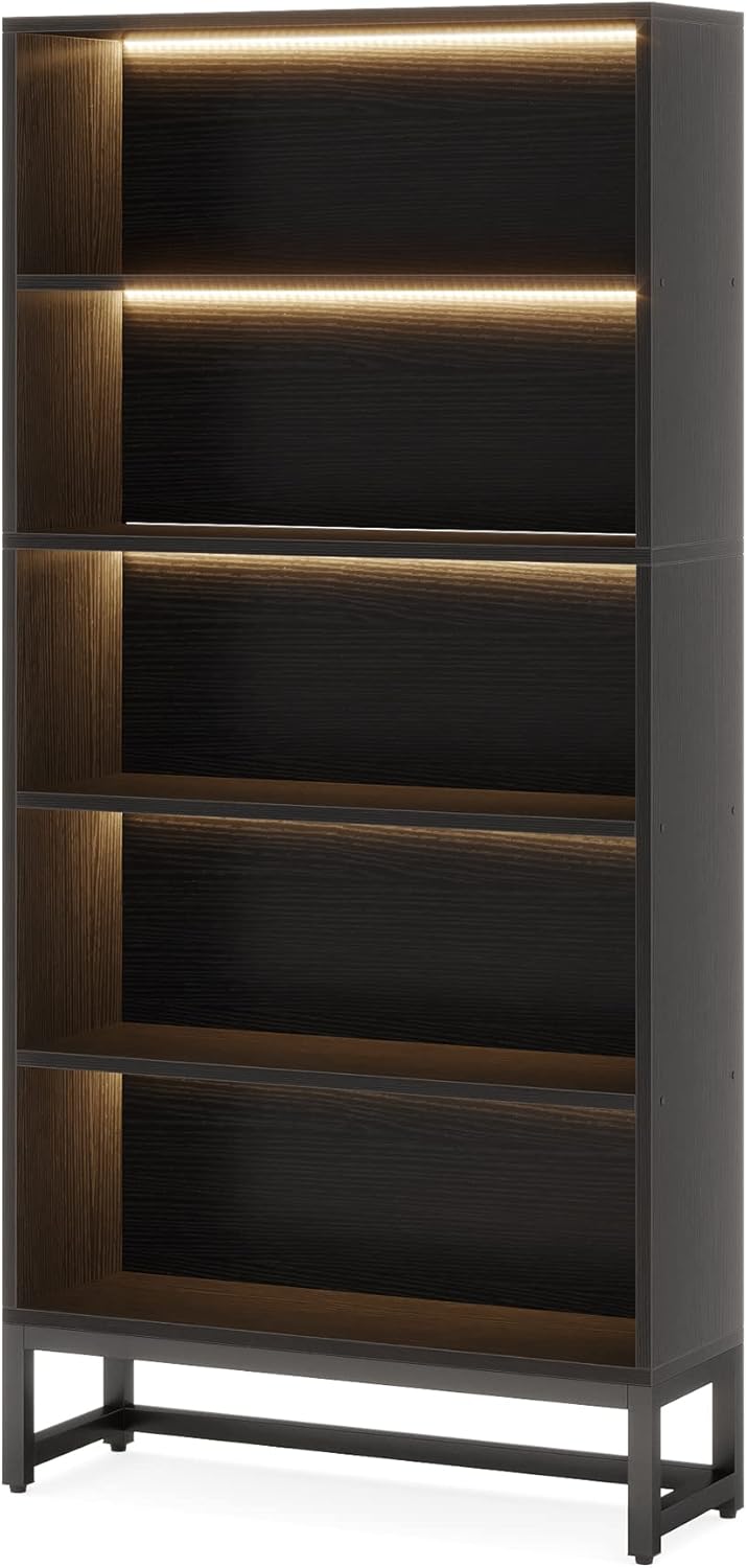 70.87" Black 5-Tier LED Library Bookshelf