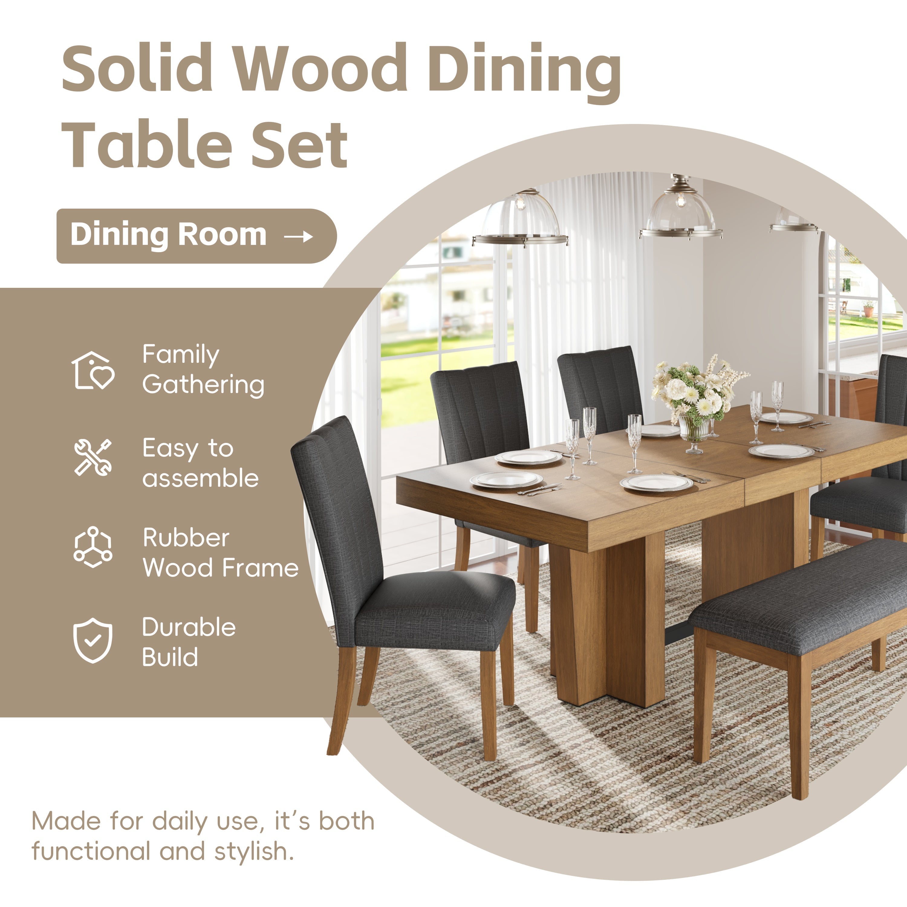 TOPMAX Farmhouse 78.1-Inch Extendable Wood Dining Table Set