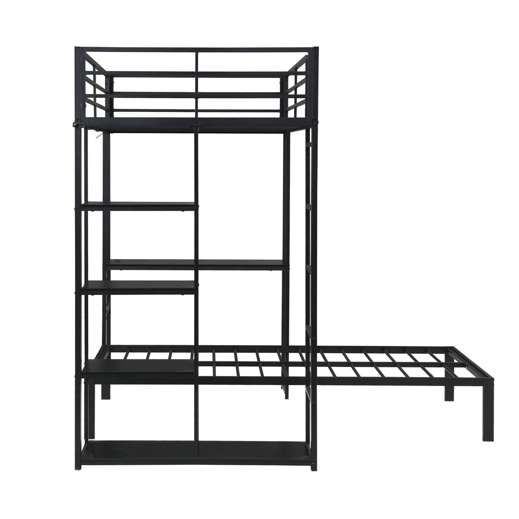 Metal Loft Bed Frame with LED Light Strip, Side Storage Shelves & Built-in Desk