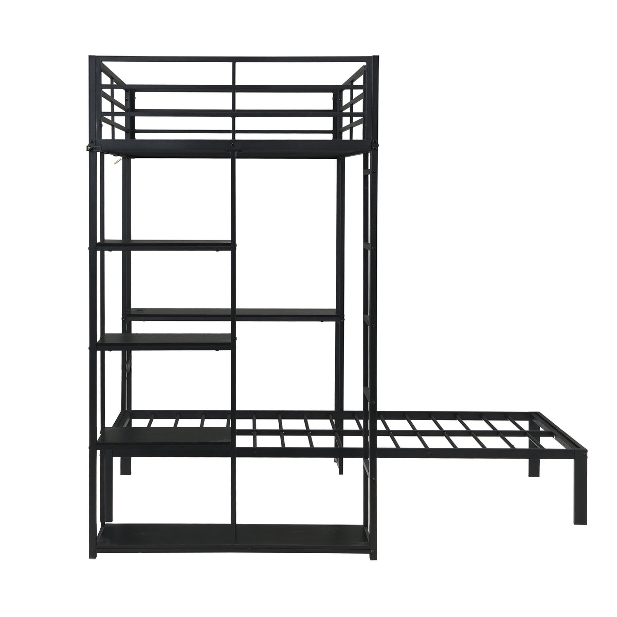 Metal Loft Bed Frame with LED Light Strip, Side Storage Shelves & Built-in Desk