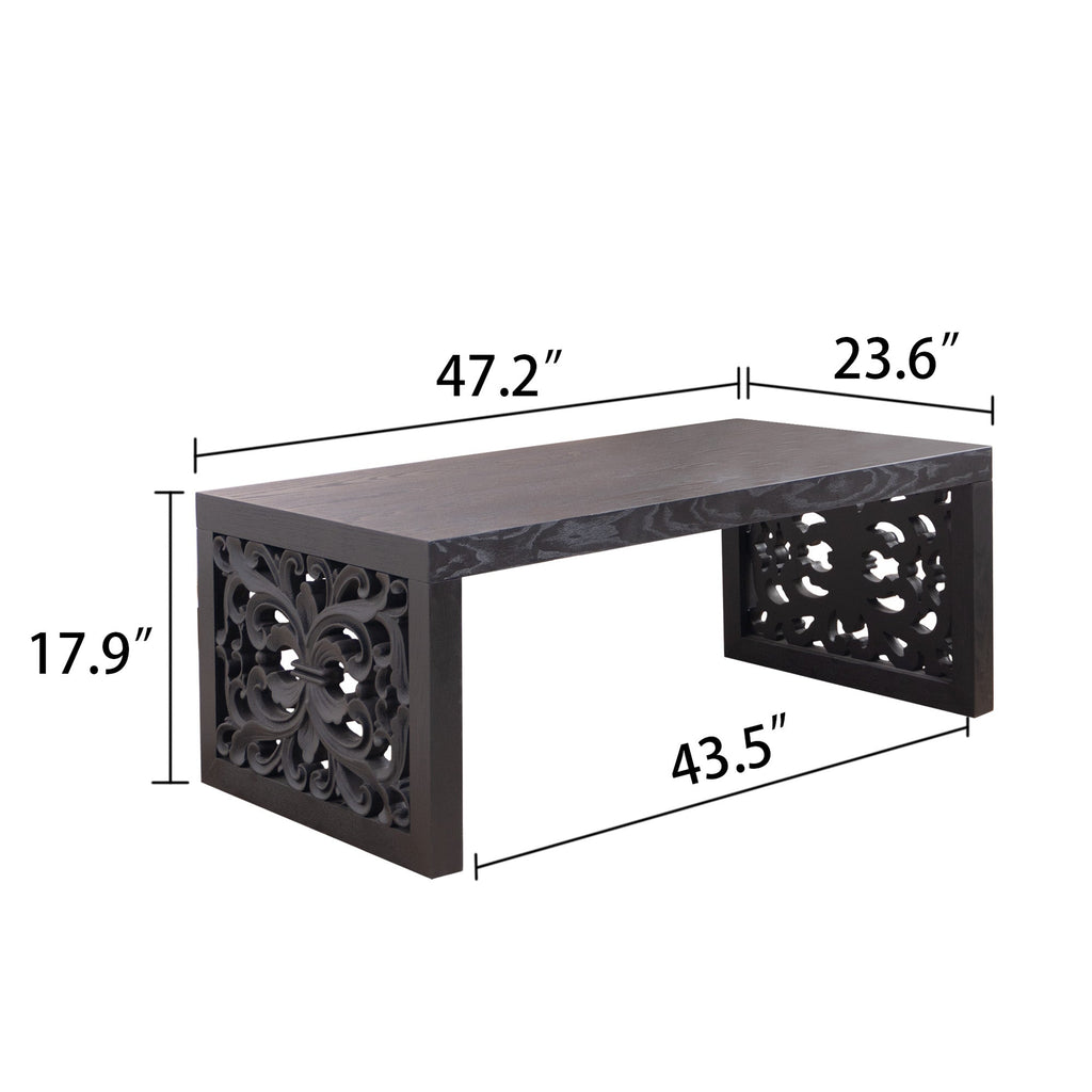 47.2" Solid Black Carved Wood Coffee Table