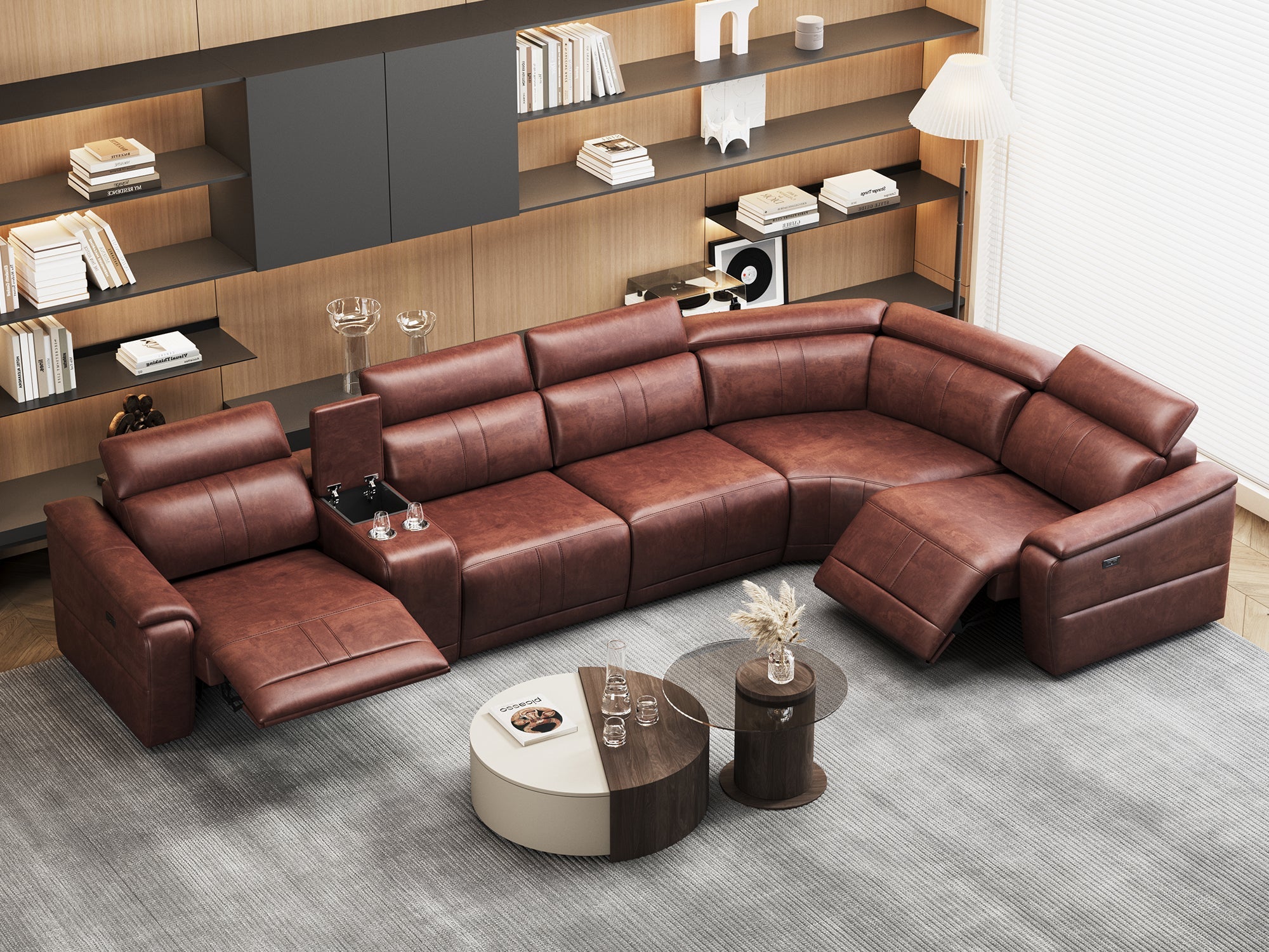 6-Piece Modular Leather Sofa with 2 Cup Holders