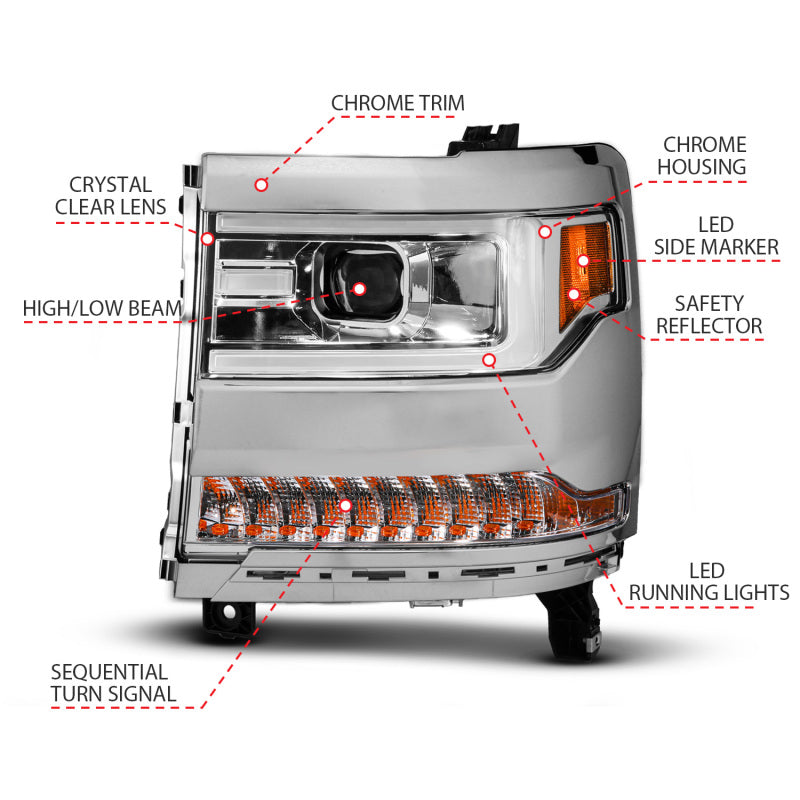 ANZO 16-18 Chevy Silverado1500 (Factory HID Models) LED Prj Light Bar Style Headlights Chrome - Pair 111625A