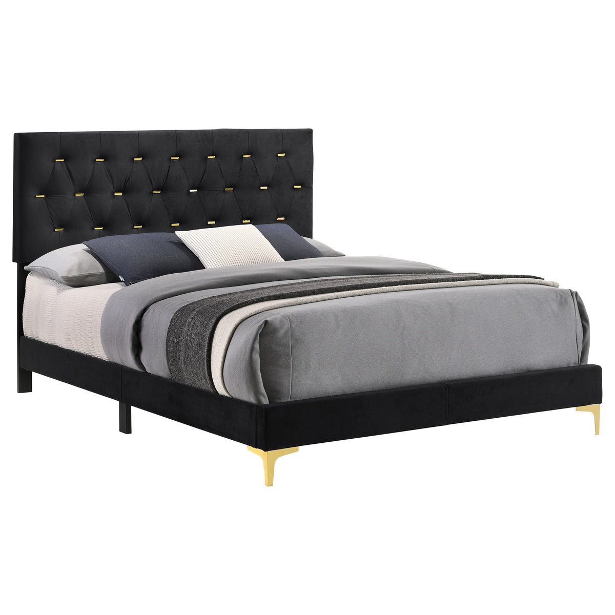 Lexie Black/Gold Diamond Tufted Eastern King Panel Bed