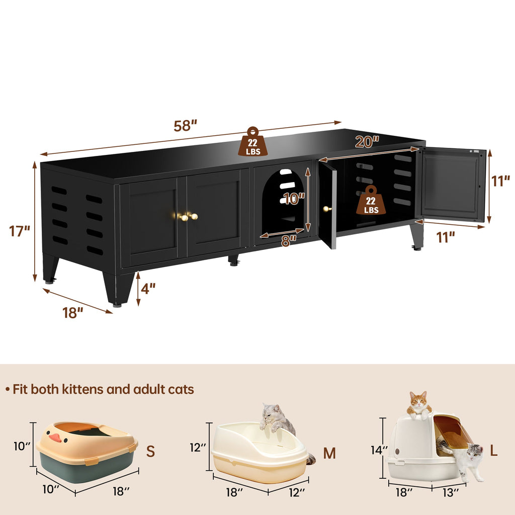 58" Metal Cat Litter Box Enclosure, Hidden Litter Box Furniture for 2 Cats