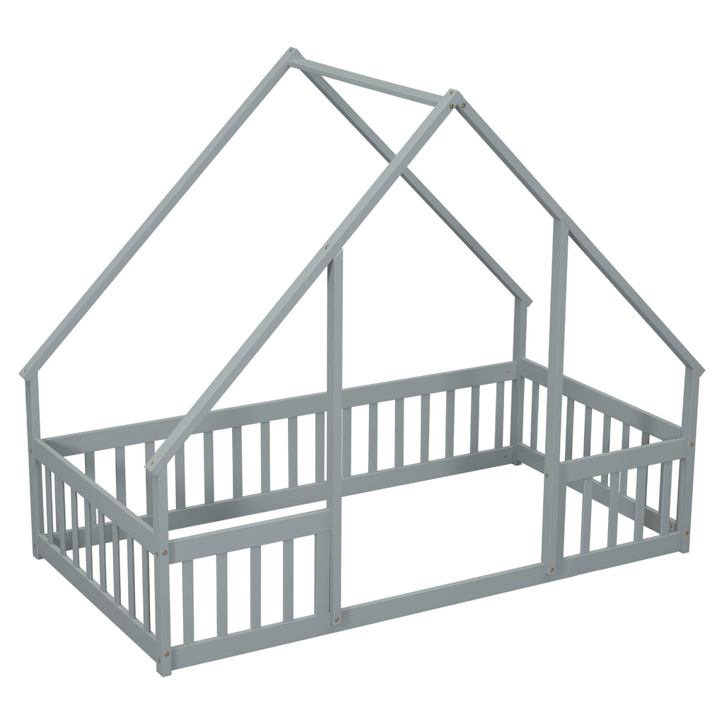 Twin Wood House-Shaped Floor Bed with Fence, Guardrails