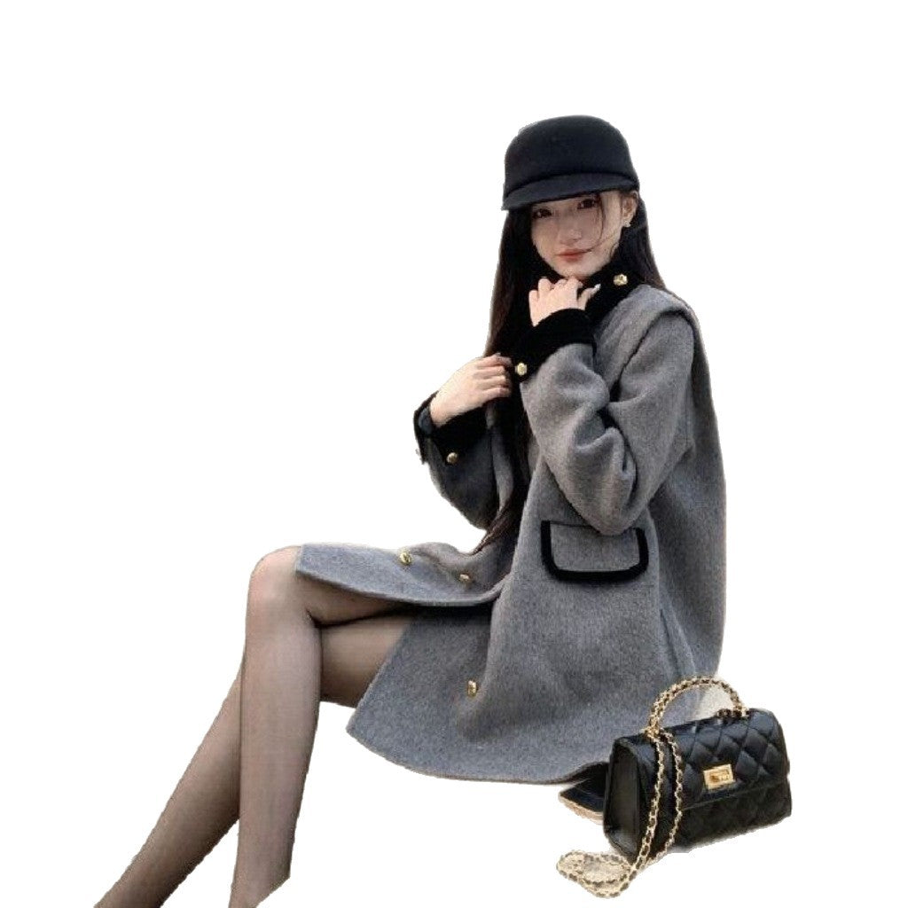 Womens Wool Coat Color-blocked Stand-up Collar Short Style