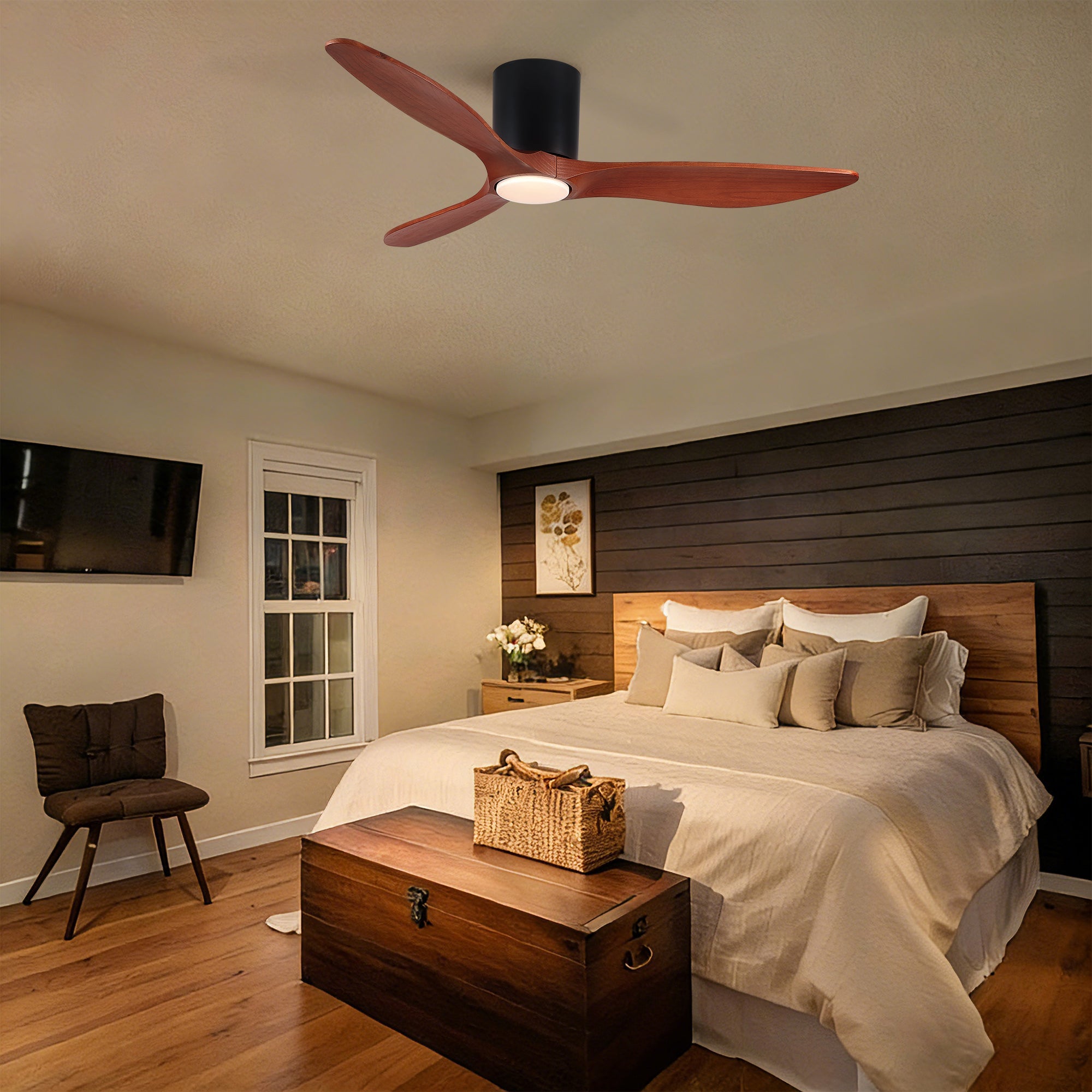 52" Modern Farmhouse Retro Solid Wood Low Profile Flush Mount Ceiling Fan