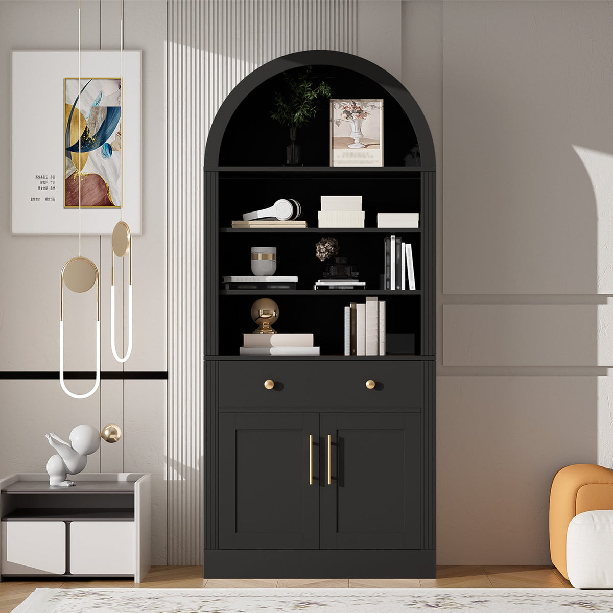 Arched Bookshelf with Storage Cabinet