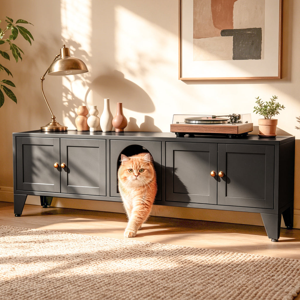 58" Metal Cat Litter Box Enclosure, Hidden Litter Box Furniture for 2 Cats