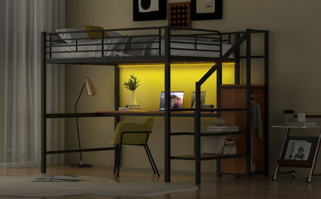 Full Size Metal Loft Bed with Desk, Storage Staircase, Small Wardrobe and LED Light
