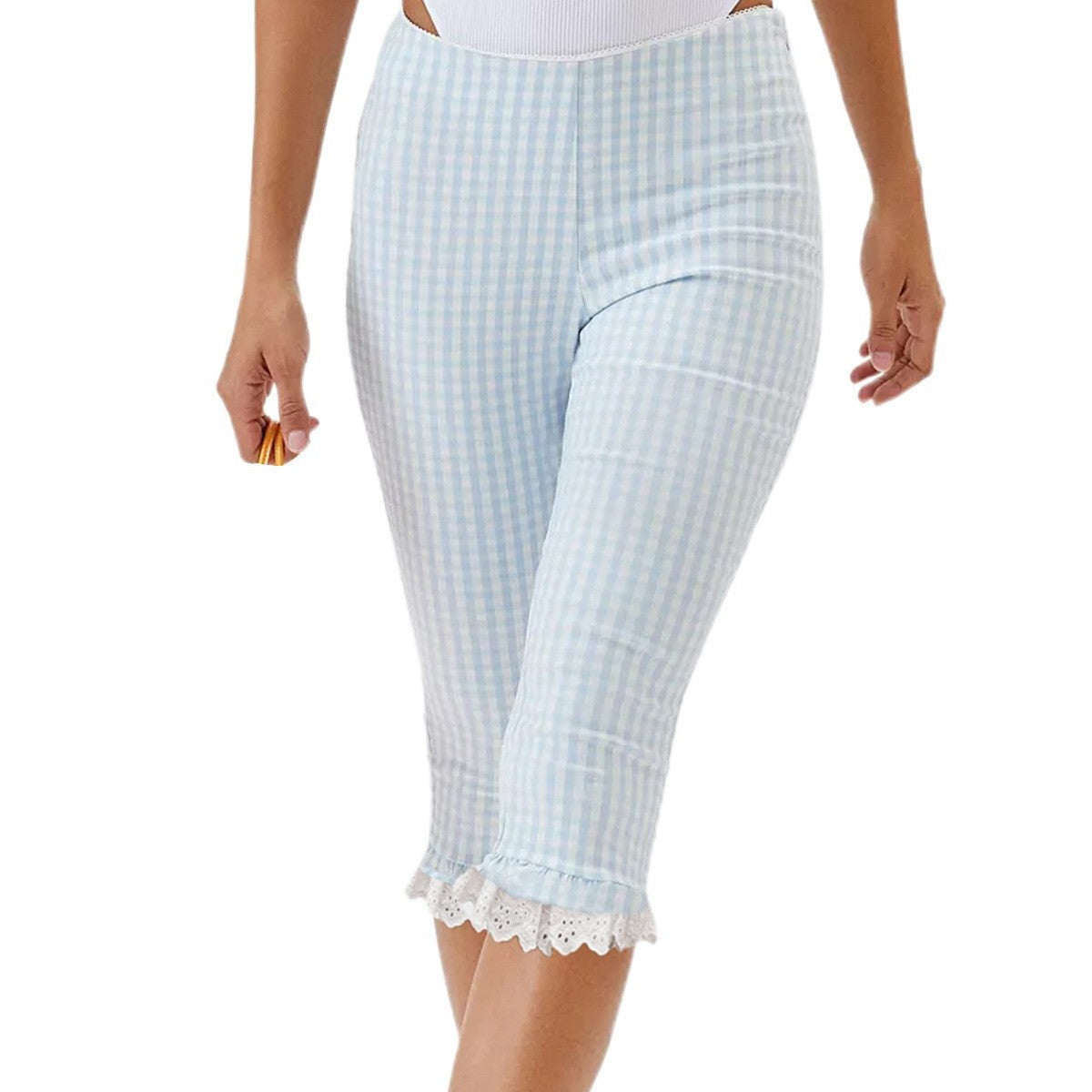 Womens Capri Pants With A Plaid Lace Flounce Hem