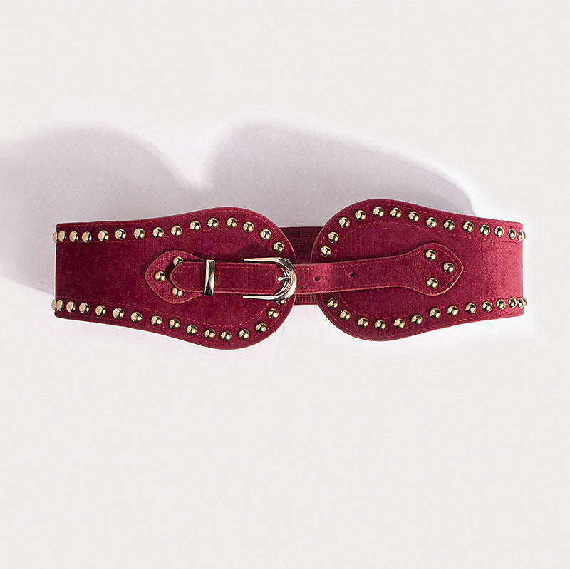 Women's Fashion Handsome Suede Rivet Elastic Wide Waist Seal Adjusting Western-style Elastic Belt