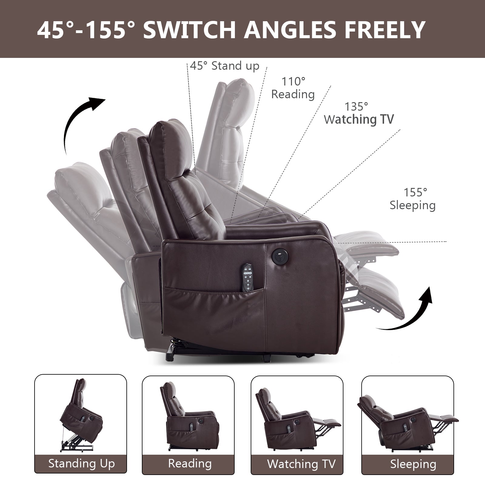 Brown PU Single Motor Power Lift Recliner Chair