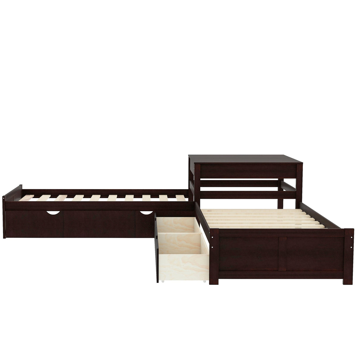 L-Shaped Platform Bed with Trundle and Built-in Desk