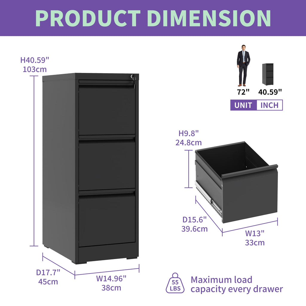 3 Drawer Metal Vertical File Cabinet with Lock
