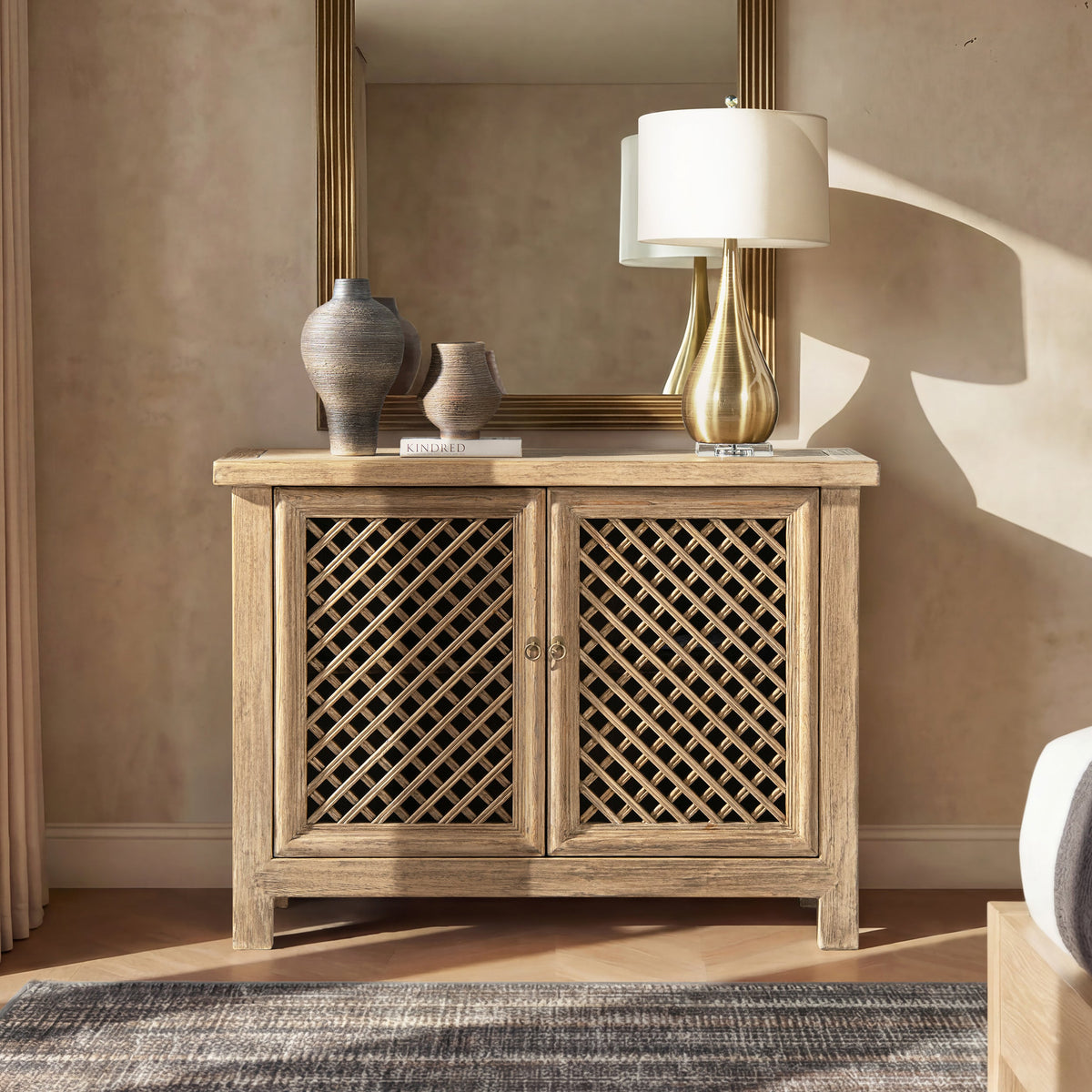 Arden 51" Solid Reclaimed Pine Lattice 2-Door Accent Storage Cabinet