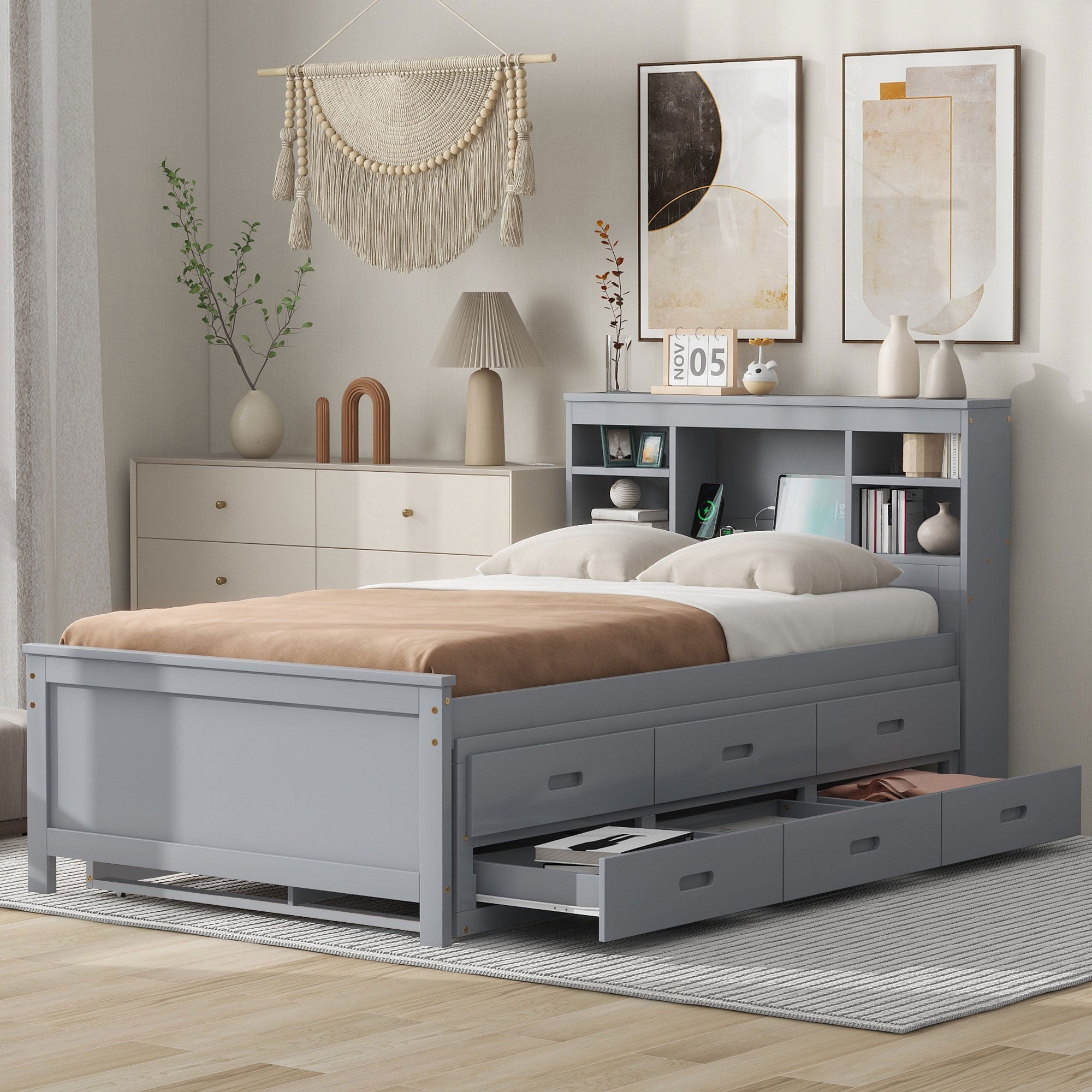 Twin Size Platform Bed with Storage Headboard and USB