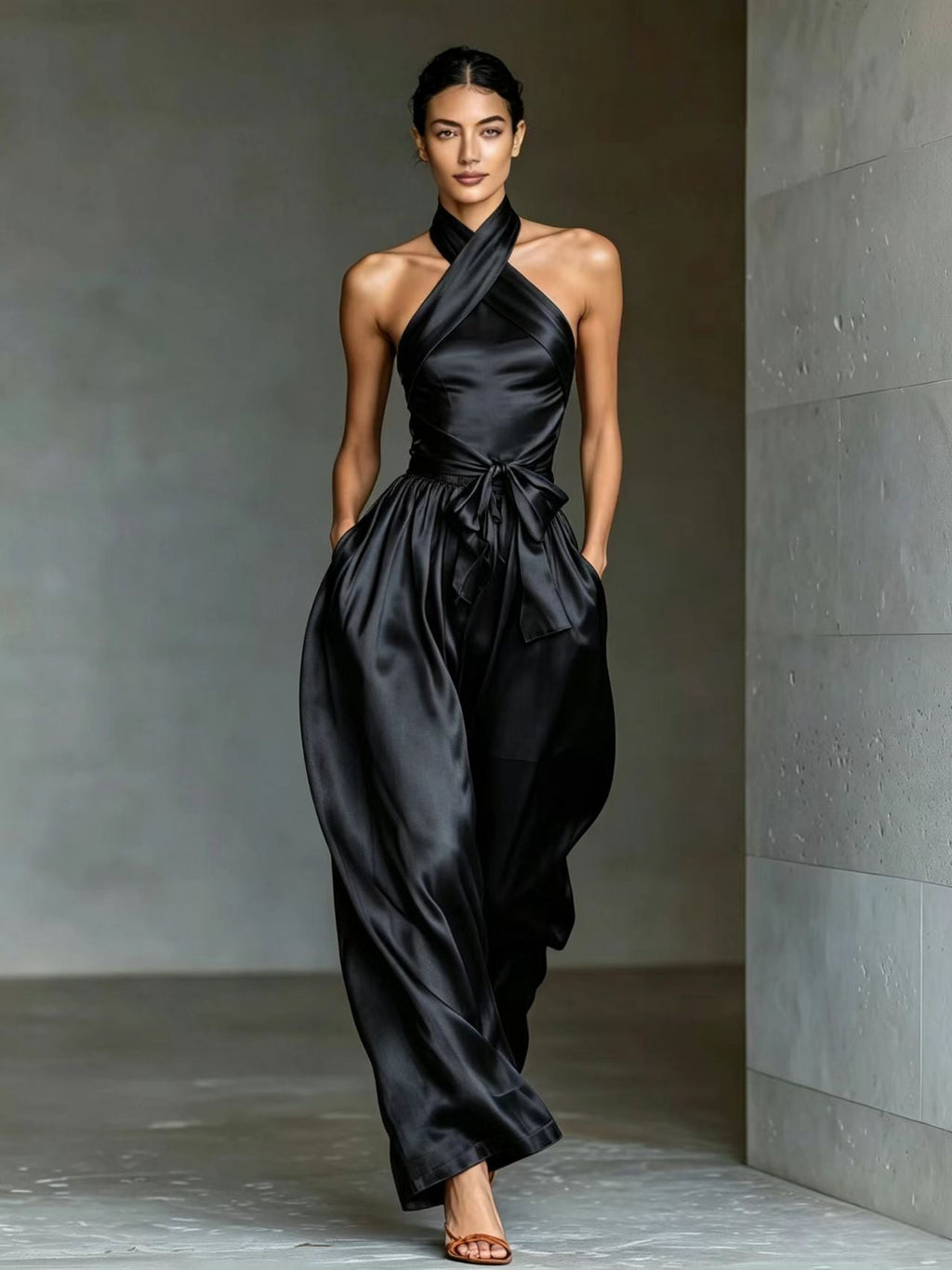 European And American Cross-border Women's Satin High-end Waist-cinching Slit Strap Solid Color Evening Dress Jumpsuit For Women