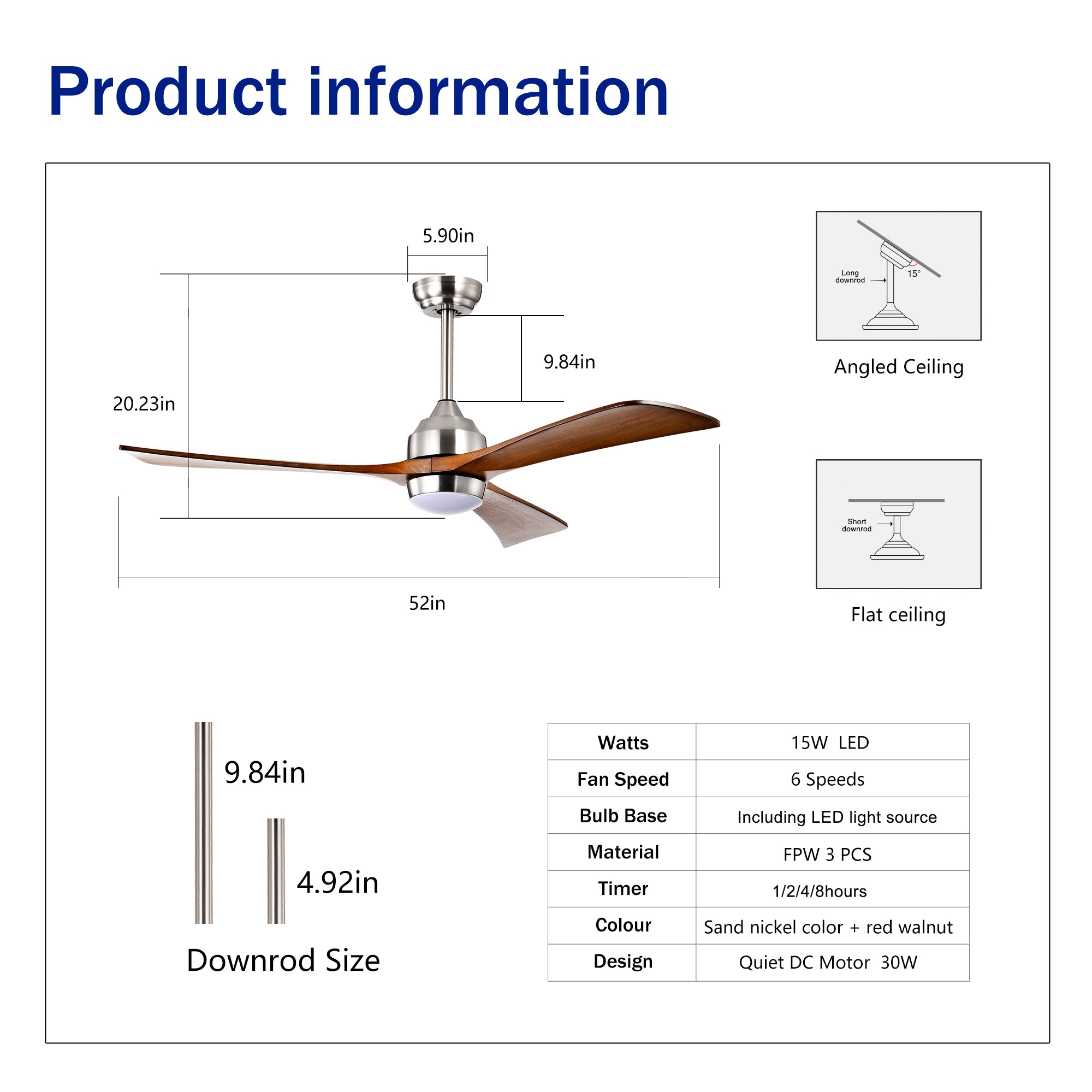 52" Solid Wood Blades Ceiling Fan with Lights & Remote Control