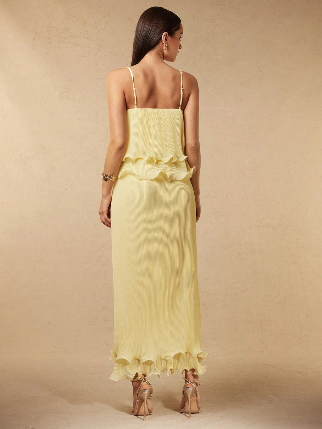 Pleated Yellow Strap Spliced Tiered Long Dress