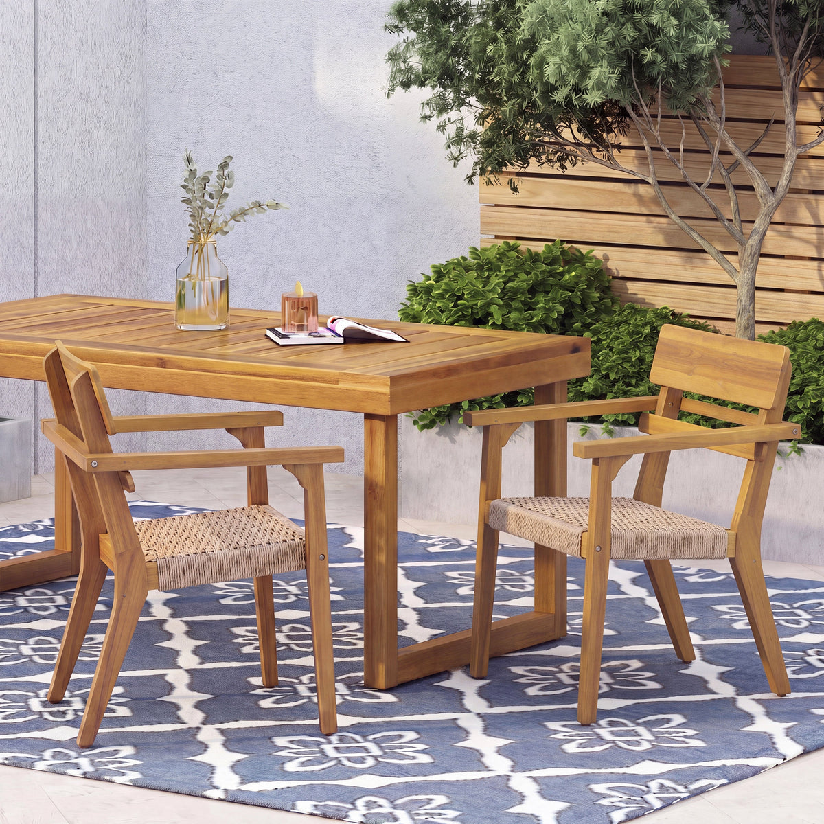 Outdoor Acacia Wood Dining Chairs with Woven Wicker Seats