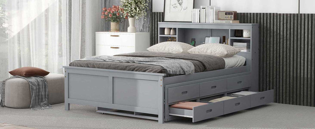 Full Size Platform Bed with Storage Headboard, USB, Twin Size Trundle and 3 Drawers