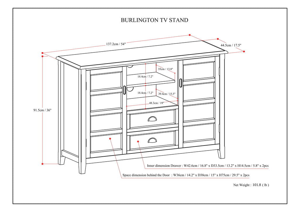 Burlington 54 Inch Wide Solid Wood Tall TV Stand in Mahogany