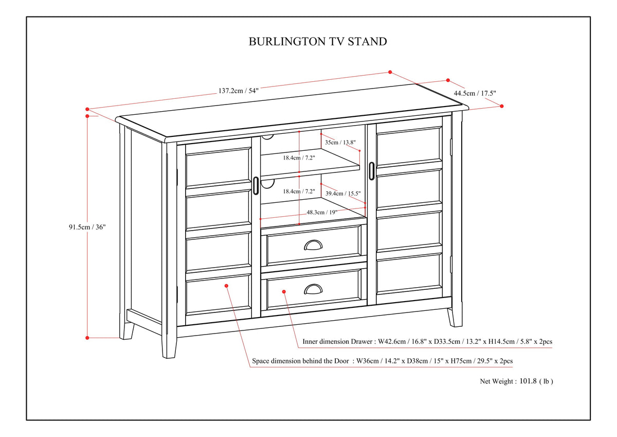 Burlington 54 Inch Wide Solid Wood Tall TV Stand in Mahogany