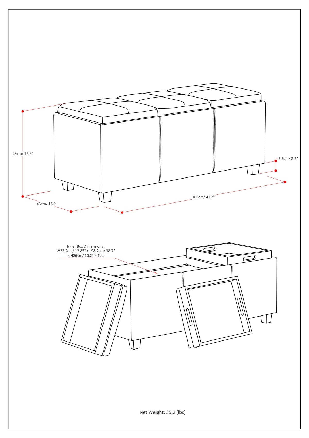 Avalon 42 Inch Wide Storage Ottoman in Denim