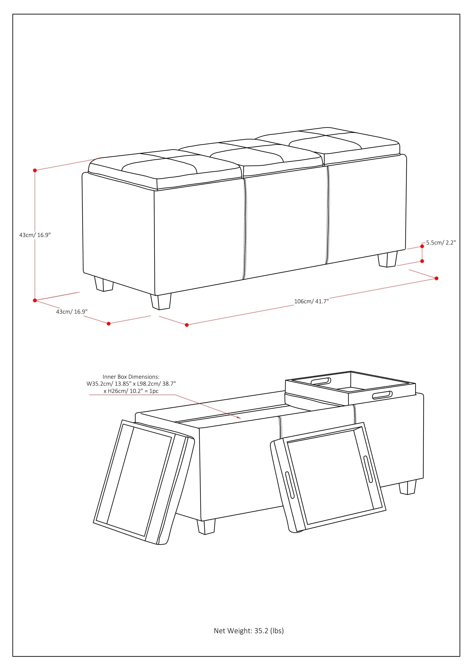 Avalon 42 Inch Wide Storage Ottoman in Satin