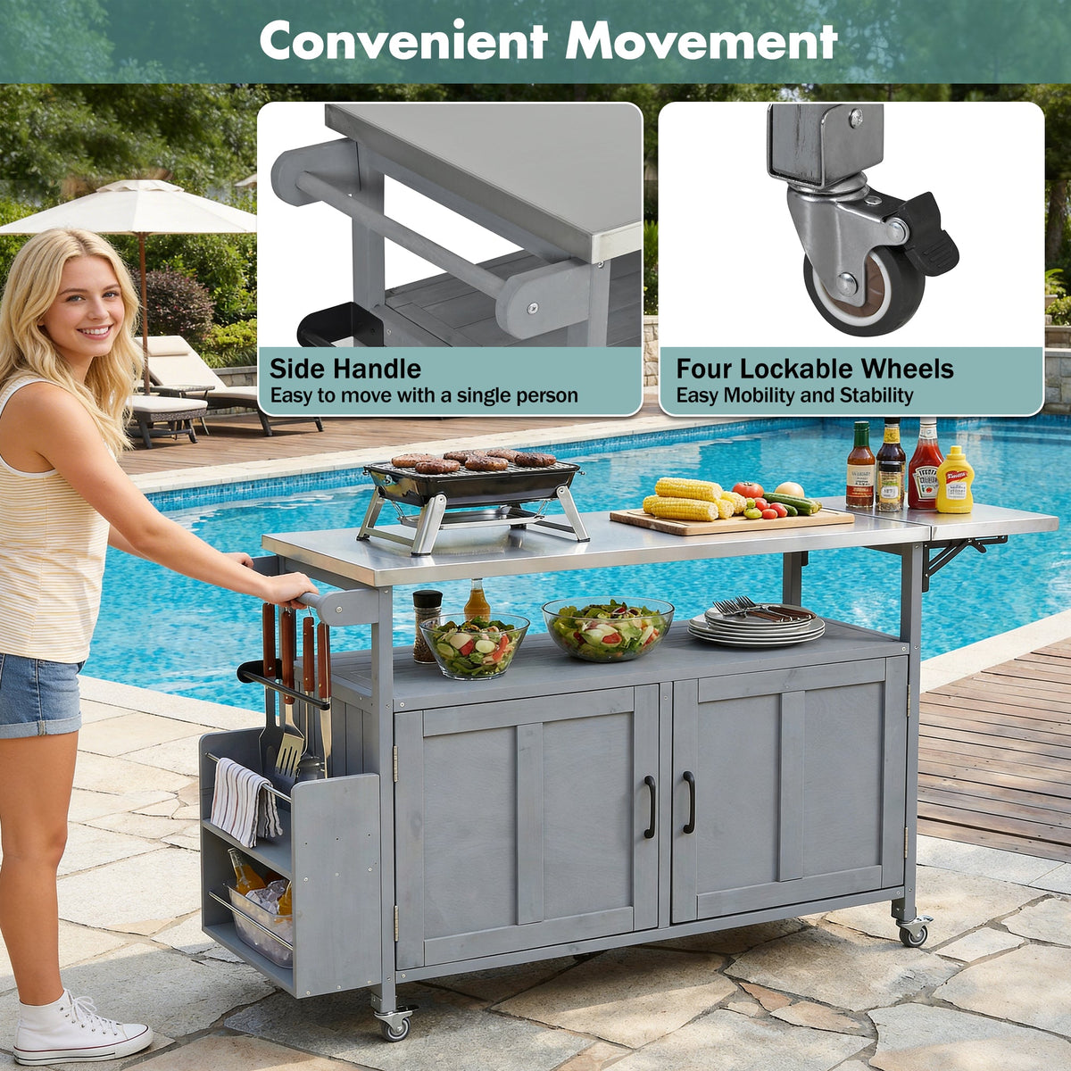 Foldable Outdoor Kitchen Island with Lockable Wheels