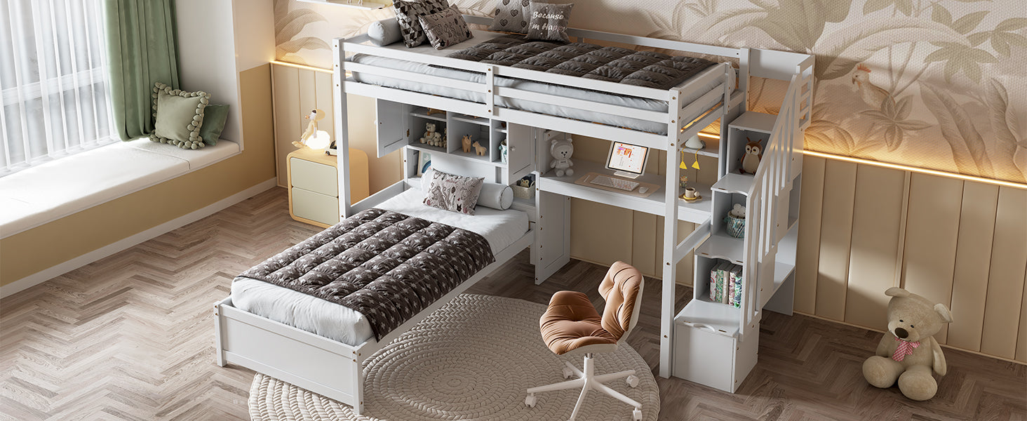 Twin Over Twin Loft Bed with Built-in Desk and Staircase