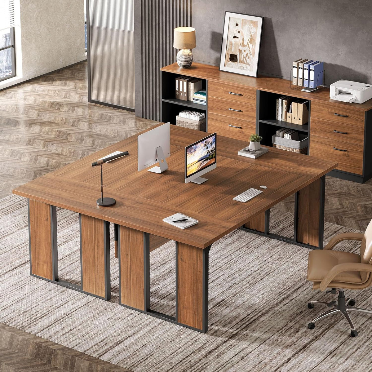 63-Inch L-Shaped Executive Desk with 47-Inch File Cabinet