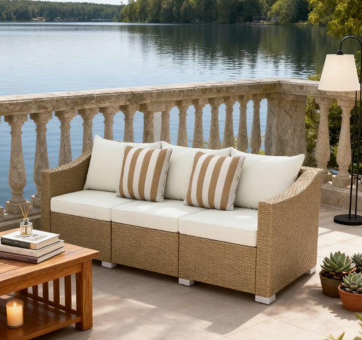 Outdoor Rattan Sofa with Cushions and Throw Pillows