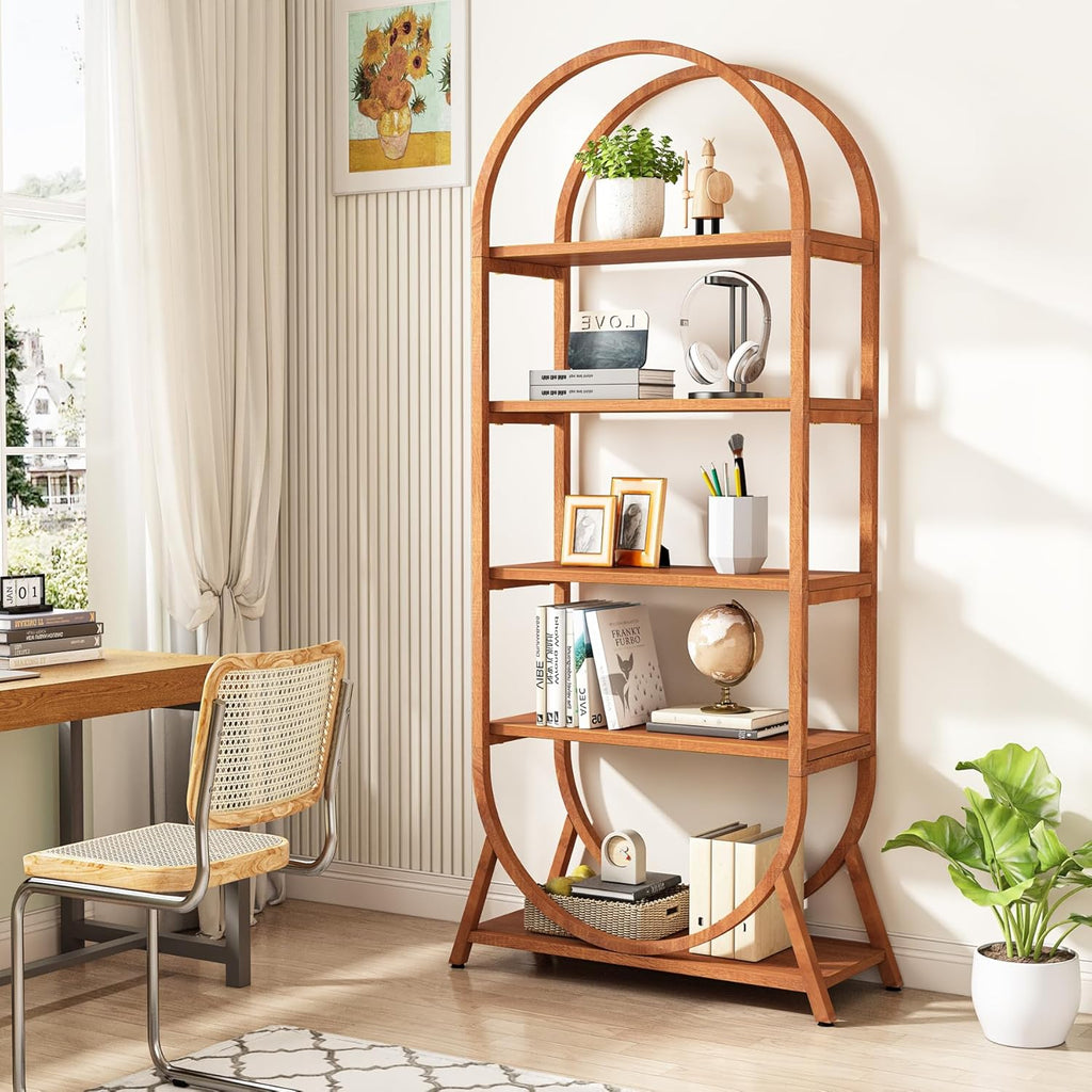 70.8" 5-Tier Modern Brown Arched Open Bookshelf