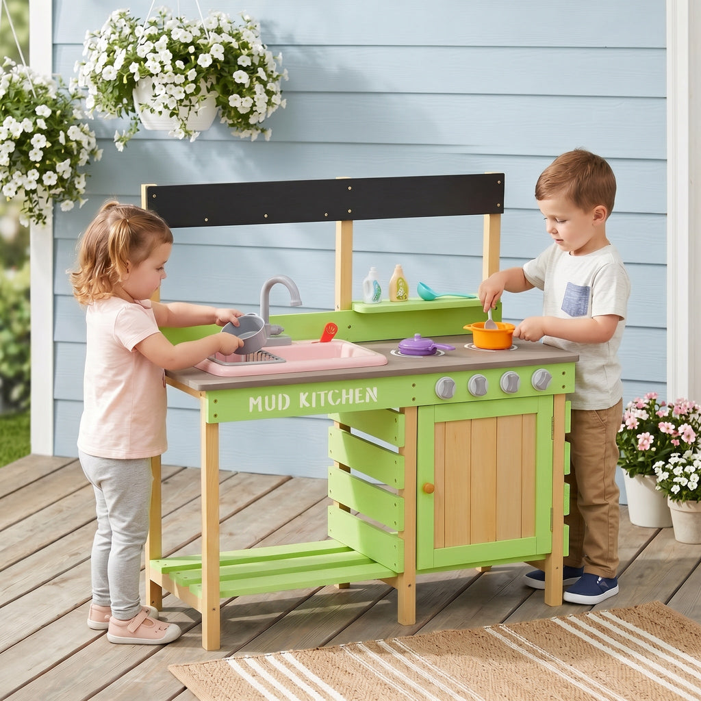Kids Play Kitchen - Wood Mud Kitchen with Water Play Set