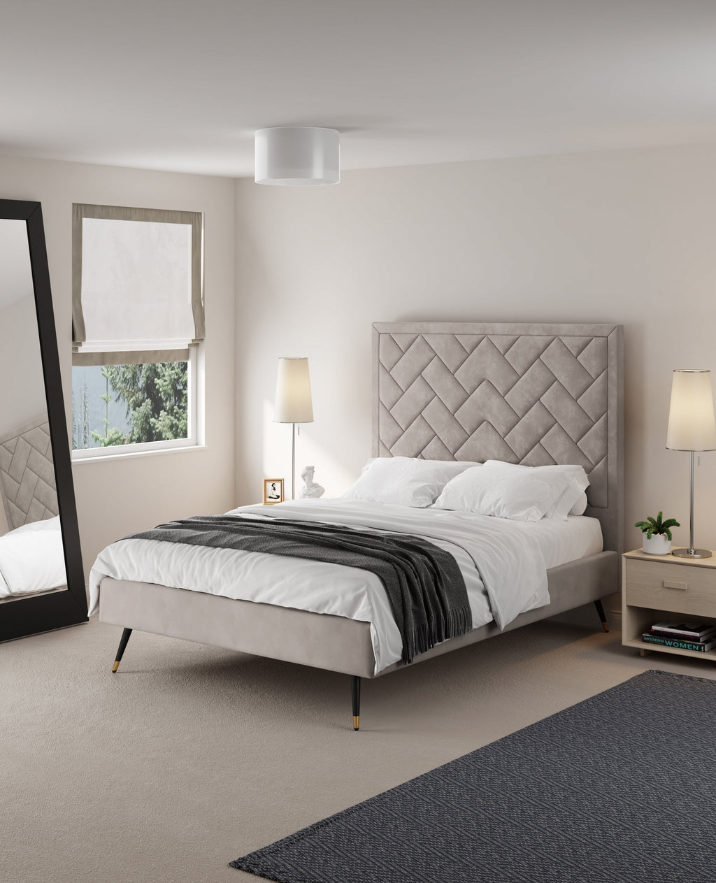 Crosby Upholstered Velvet Full Bed in Greige