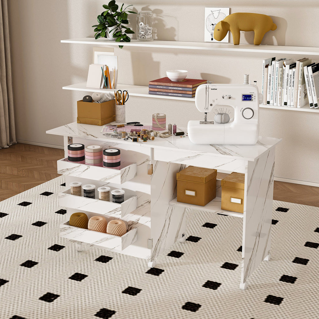 4-in-1 Folding Sewing Table with Lockable Wheels