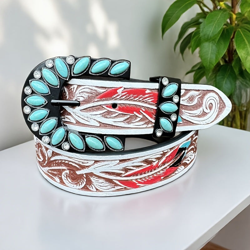 Women's Leather Belt Retro Medieval Turquoise Buckle Waistband Ladies Cowgirl Leather Belt In Stock Wholesale