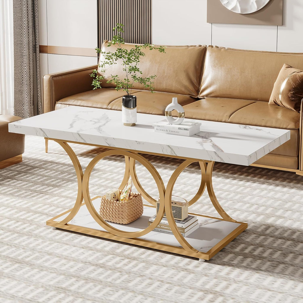 47.24-Inch Modern Rectangle Coffee Table in White & Gold