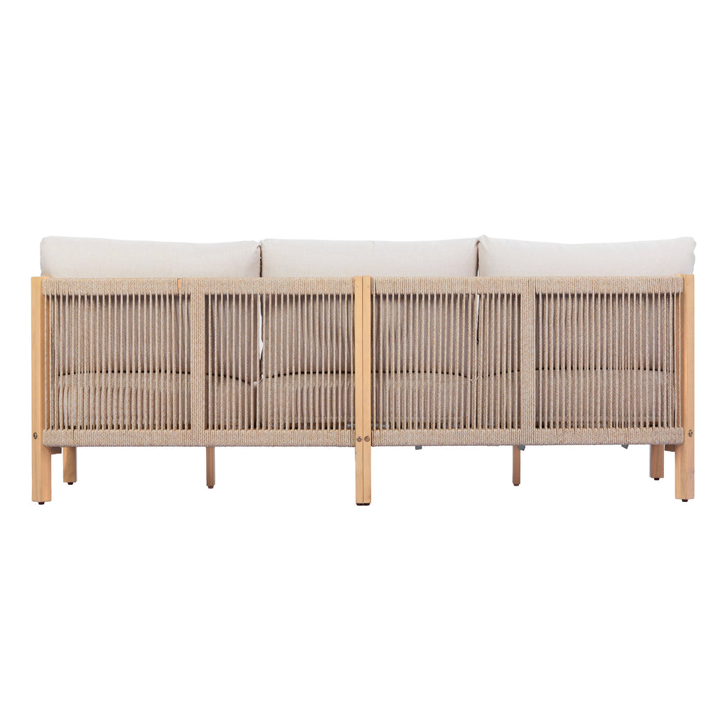 73.23" Outdoor Acacia Wood Frame Three-Seater Sofa