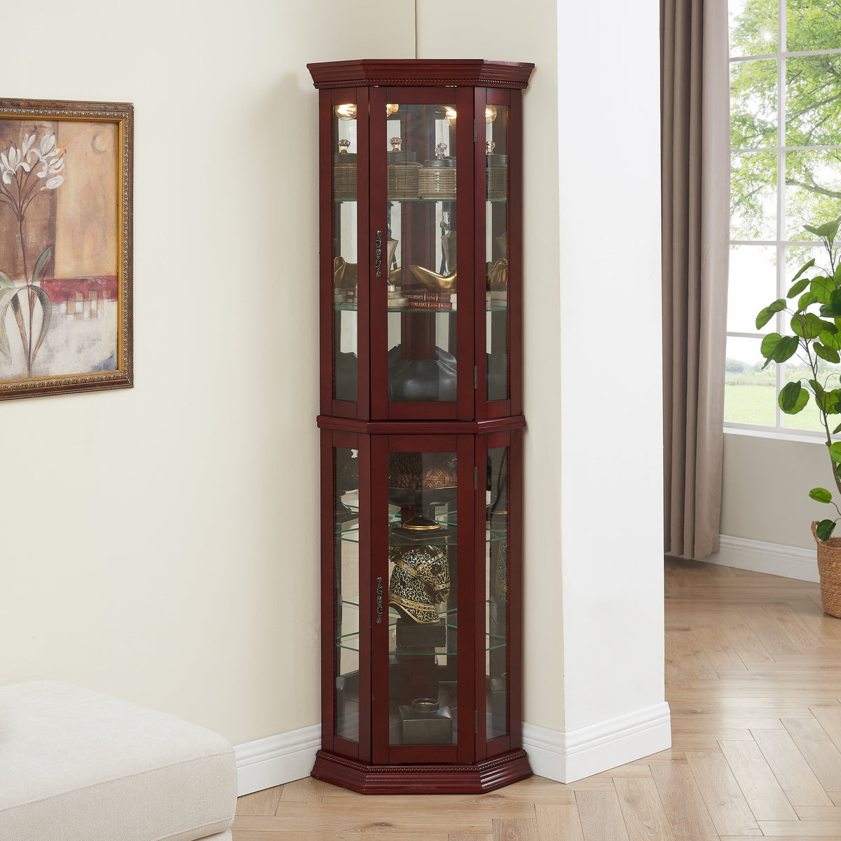 Corner Curio Cabinet with Lights and Adjustable Tempered Glass Shelves
