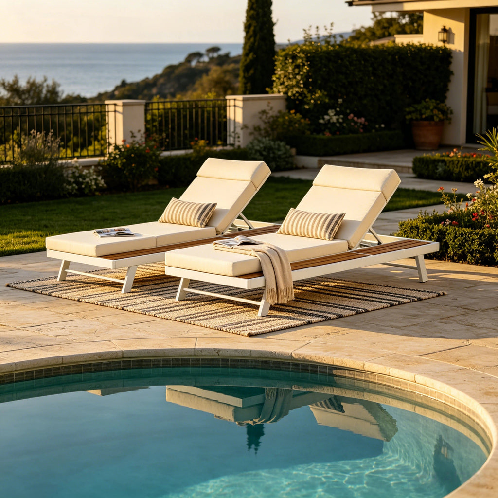 White Iron + Teak Finish Outdoor Chaise Lounge Set