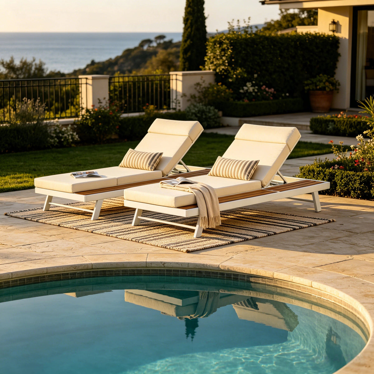 White Iron + Teak Finish Outdoor Chaise Lounge Set